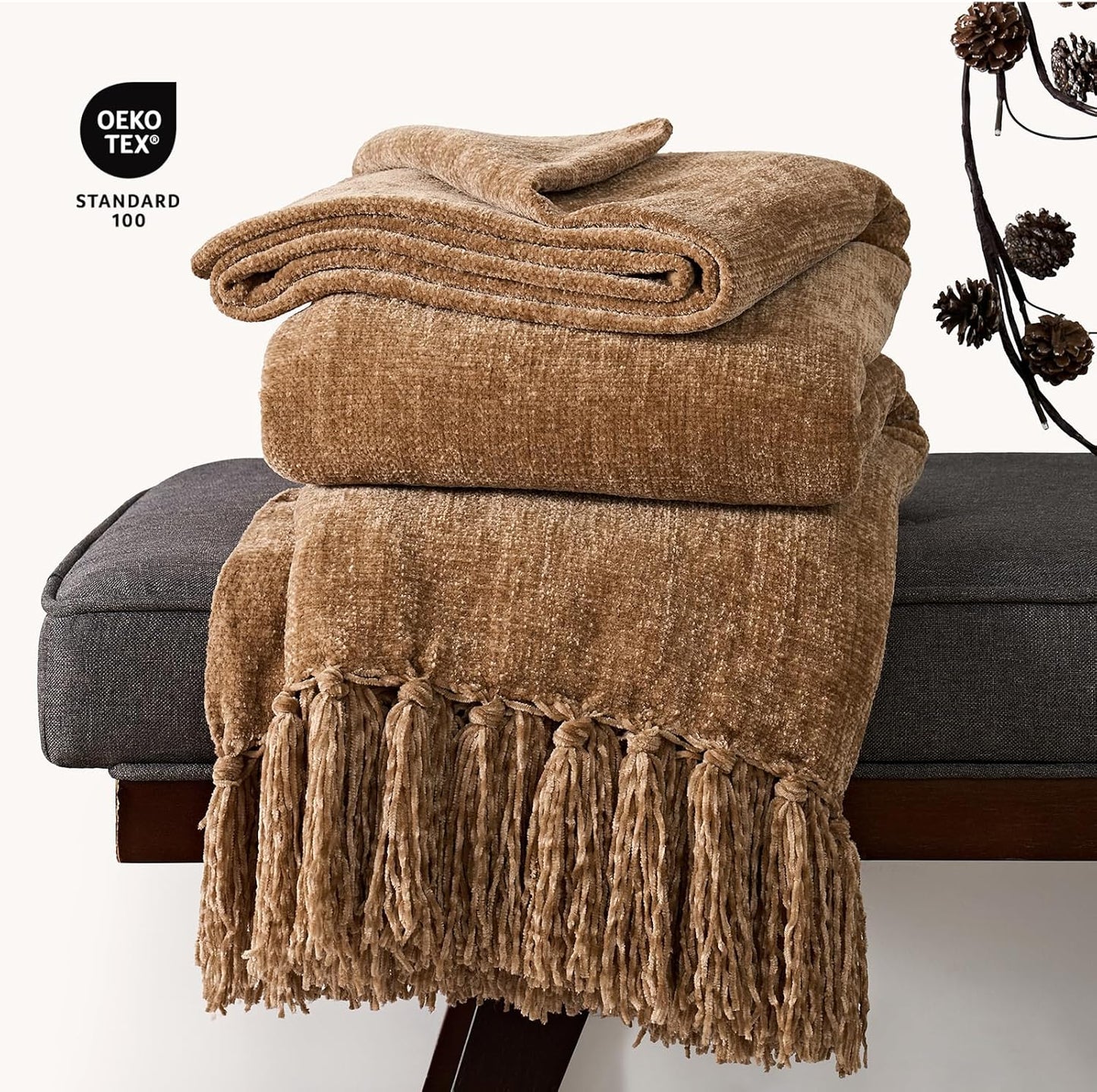EVERGRACE Soft Chenille Throw Blanket for Couch, Cozy Plush Fuzzy Decorative Chenille Knit Throw Blanket with Tassels, Lightweight Blanket and Throws for Bed Sofa Gift Home Decor, Khaki 60"x80"