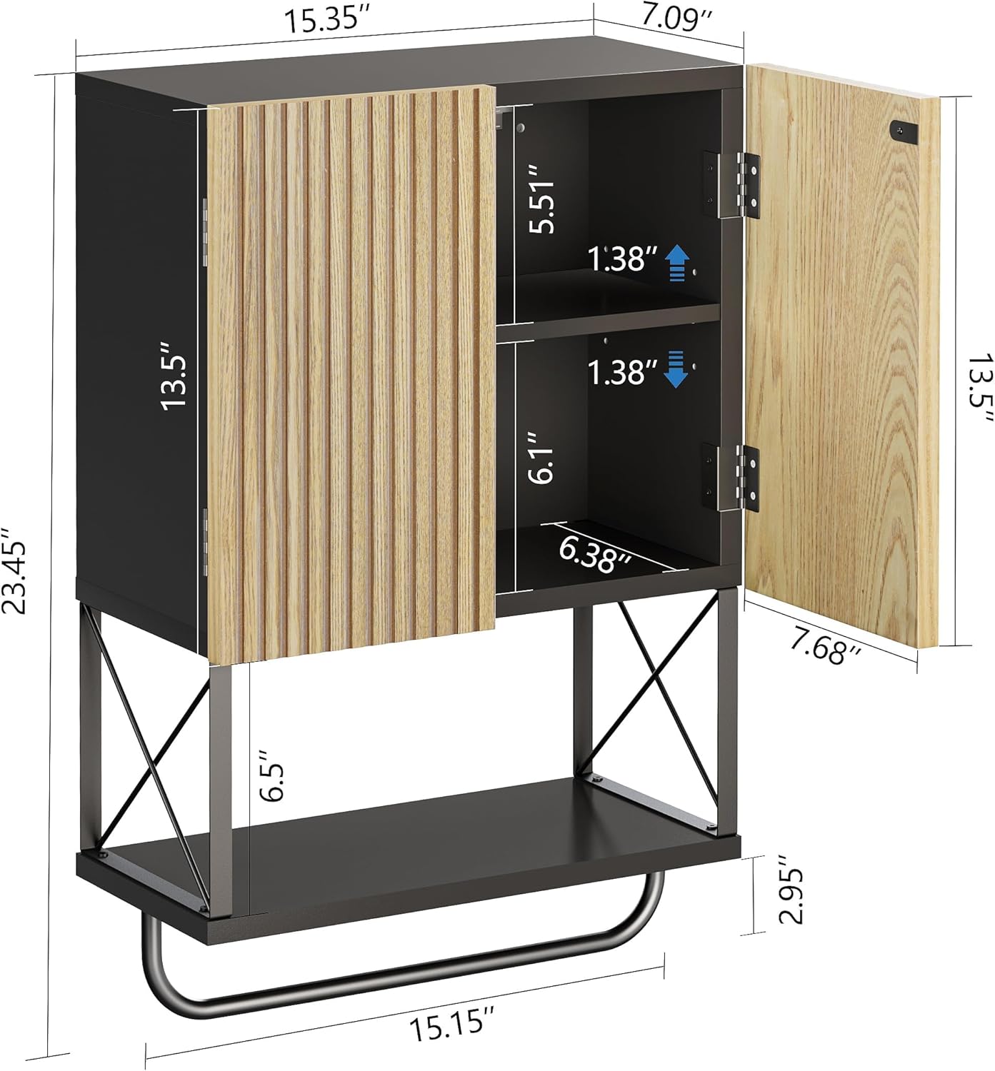 Bathroom Wall Medicine Cabinet, Fluted Hanging Bathroom Wall Mounted Cabinet with Towel Bar, Above Toilet Storage Cabinet for Bathroom Organizers and Storage, Black