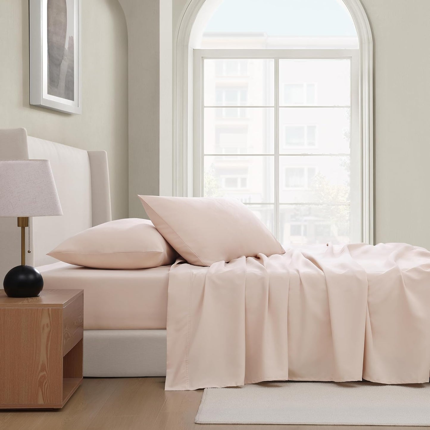 UGG King Sheet Set 4-Piece Luxury Cooling Sheets Deep Pockets Premium Bedding with 2 Pillow Shams Hypoallergenic Machine Washable Soft Lightweight Bed Set for Bedroom, King, Shell Light Pink (Hedi)