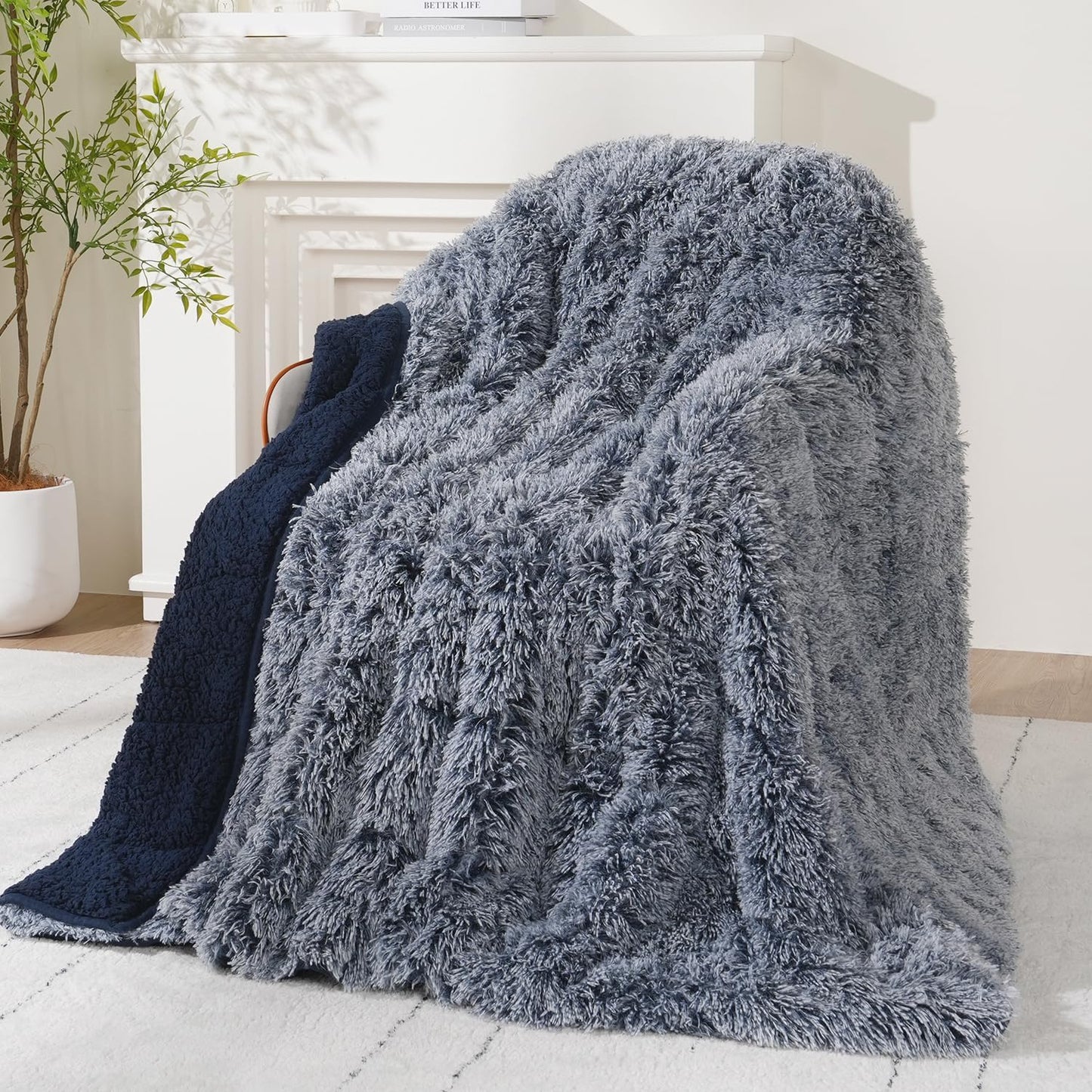 Wemore Shaggy Long Fur Faux Fur Weighted Blanket, Cozy and Plush Sherpa Long Hair Blanket for Adult 20lbs, Fluffy Fuzzy Sherpa Reverse Heavy Blanket for Bed, Couch, Backprint Navy Blue, 60 x 80 Inches