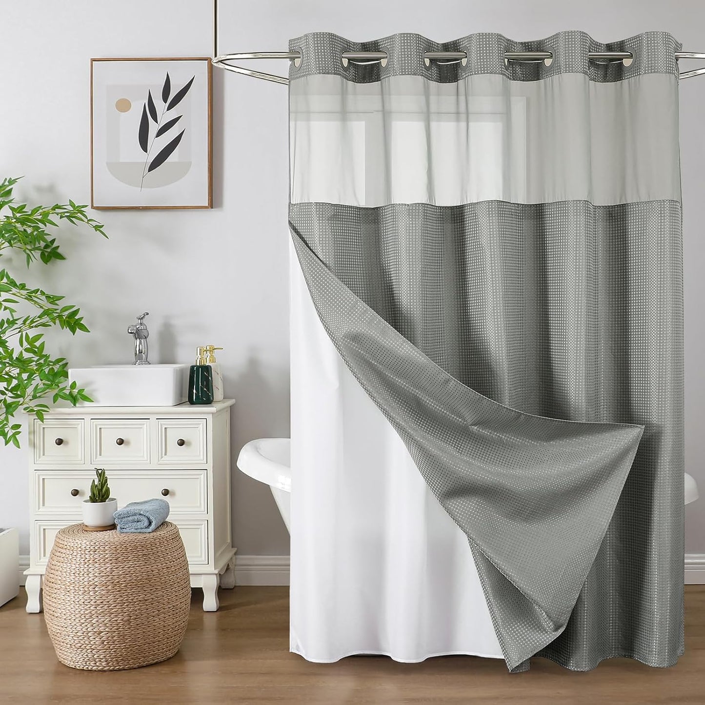 Colorful Star No Hook Shower Curtain with Snap in Fabric Liner, Waffle Weave Heavy Duty Thick Shower Curtains with Mesh Top Window, Hotel Style Waterproof Bathroom Curtain Set, 72 x 87 Inch, Grey