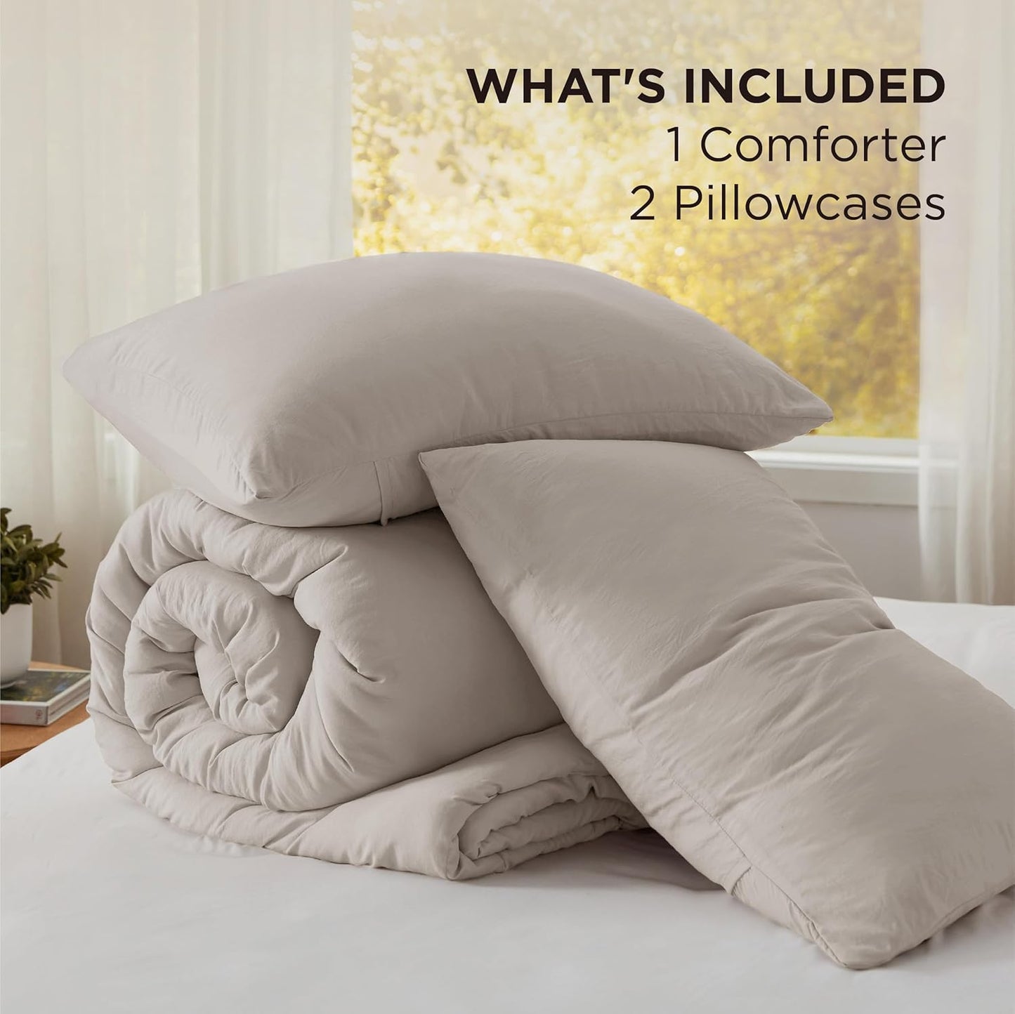 Bedsure Queen Size Comforter Set, Linen Soft Prewashed Bedding for All Seasons, 3 Pieces GentleSoft™ Warm Down Alternative Bed Set, 1 Lightweight Comforter (90"x90") and 2 Pillowcases (20"x26")