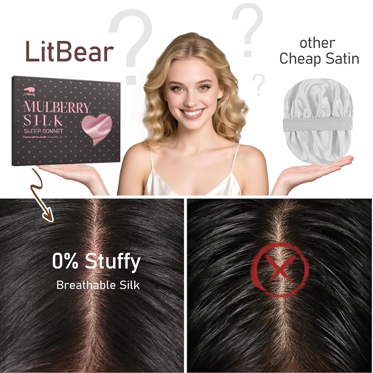 LitBear 100% Mulberry Silk Bonnet for Sleeping Women, 22 Momme Silk Hair Wrap with Elastic Band for Natural Curly Hair Long Short, Non-Slip Night Cap Reduce Friction Pink