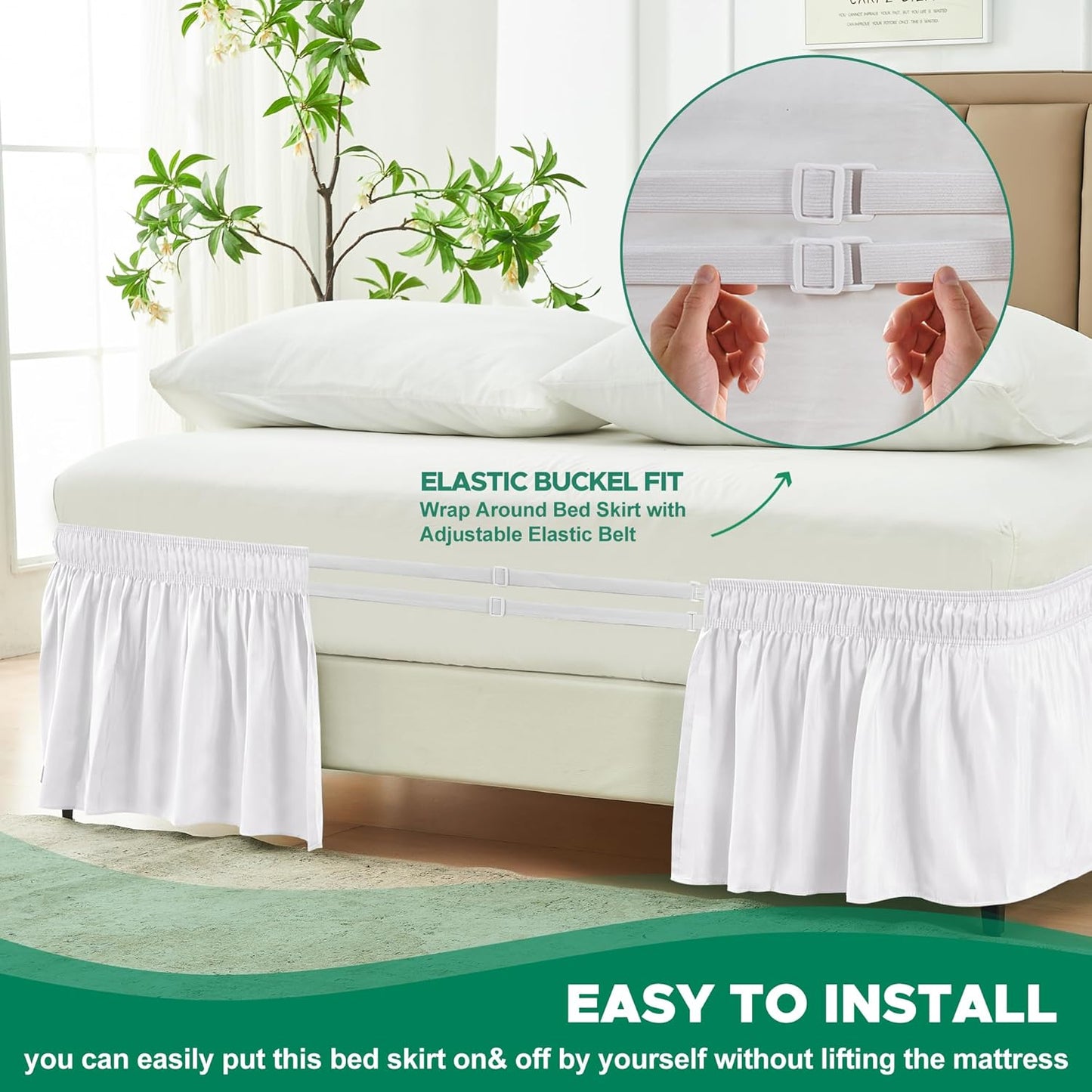Biscaynebay Wrap Around Bed Skirts for Twin & Twin XL Beds with Long Drop of 18", White Adjustable Elastic Dust Ruffles Easy Fit Wrinkle & Fade Resistant Silky Luxurious Fabric Machine Washable