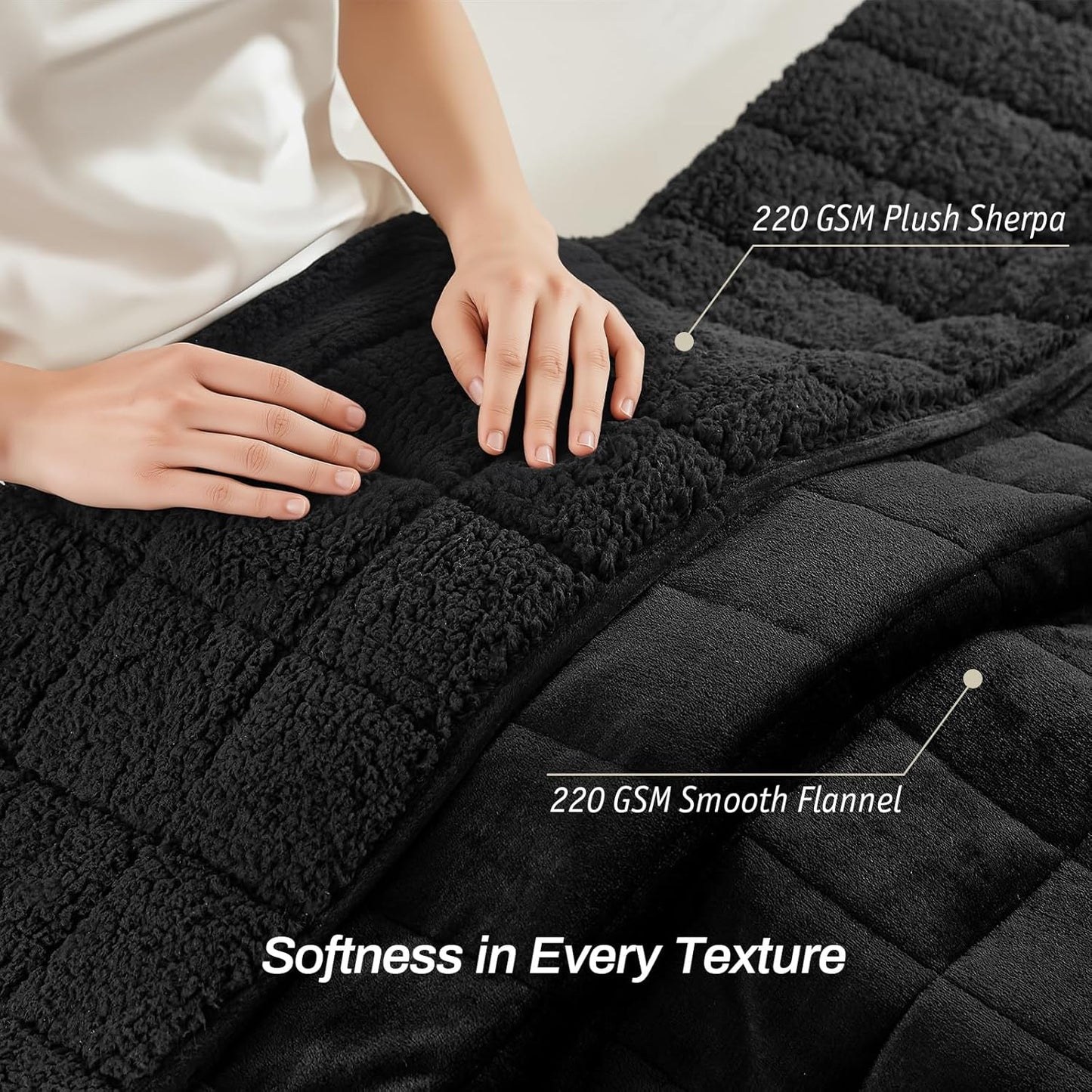 Sherpa Fleece Adult Weighted Blanket, 15 Pounds Dual Sided Soft Plush Blanket for Couch Bed Sofa, Heavy Thick Blankets with Glass Beads Great for Sleep, 60 x 80 inches, Black on Both Sides