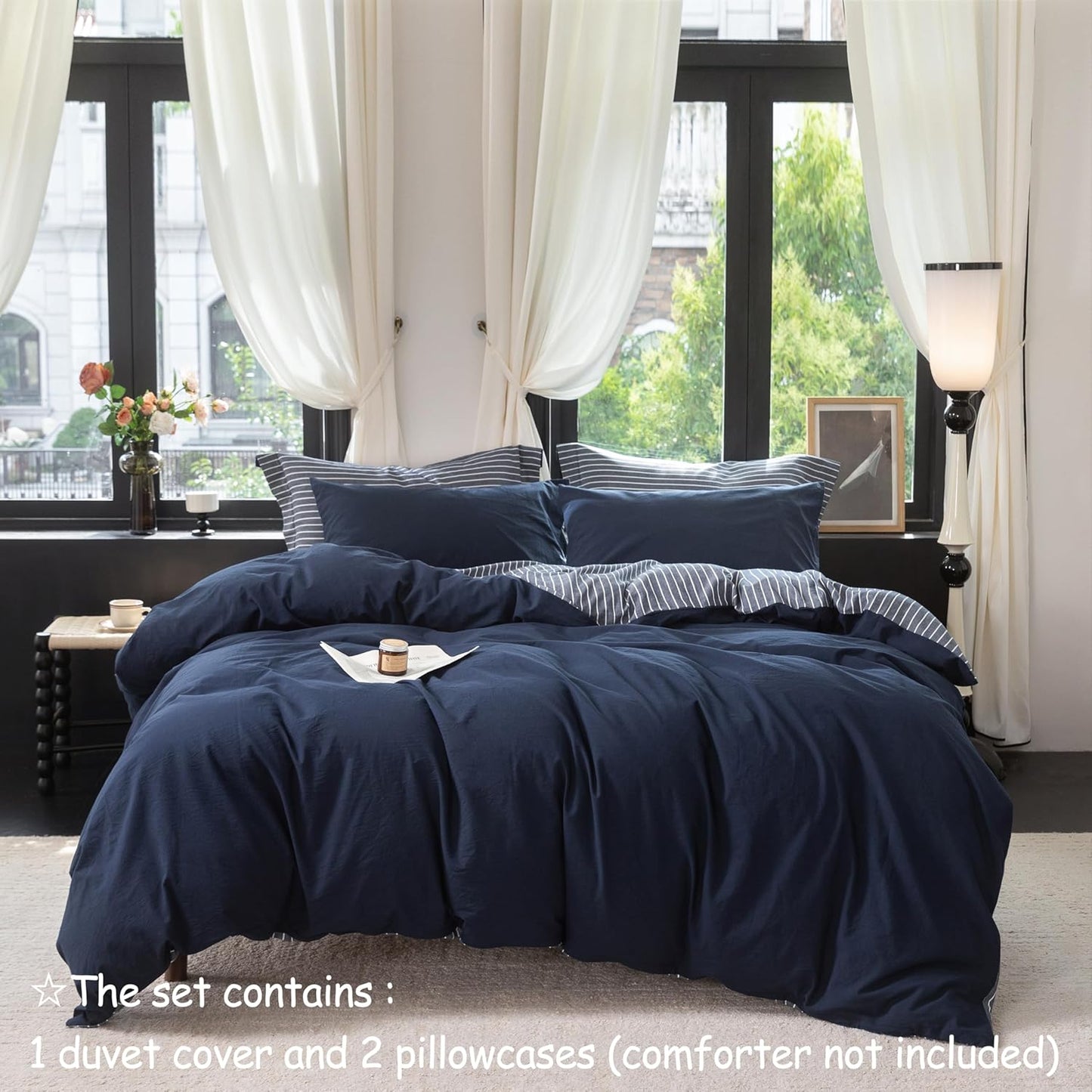 Reversible Duvet Cover Set 100% Washed Cotton Blue Stripe Linen Feel Duvet Cover Queen Size with Zipper Closure & 2 Pillow Shams,Navy/White Stripe Reverse Solid Navy