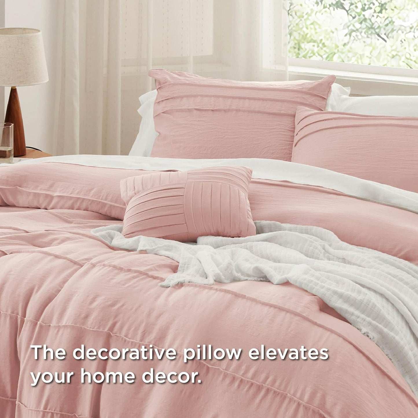 Bedsure Twin Comforter Set - 3 Pieces Pinch Pleat Bed Set, Light Pink Boho Bedding for All Season, 1 Soft Comforter, 1 Pillowcase, 1 Decorative Pillow