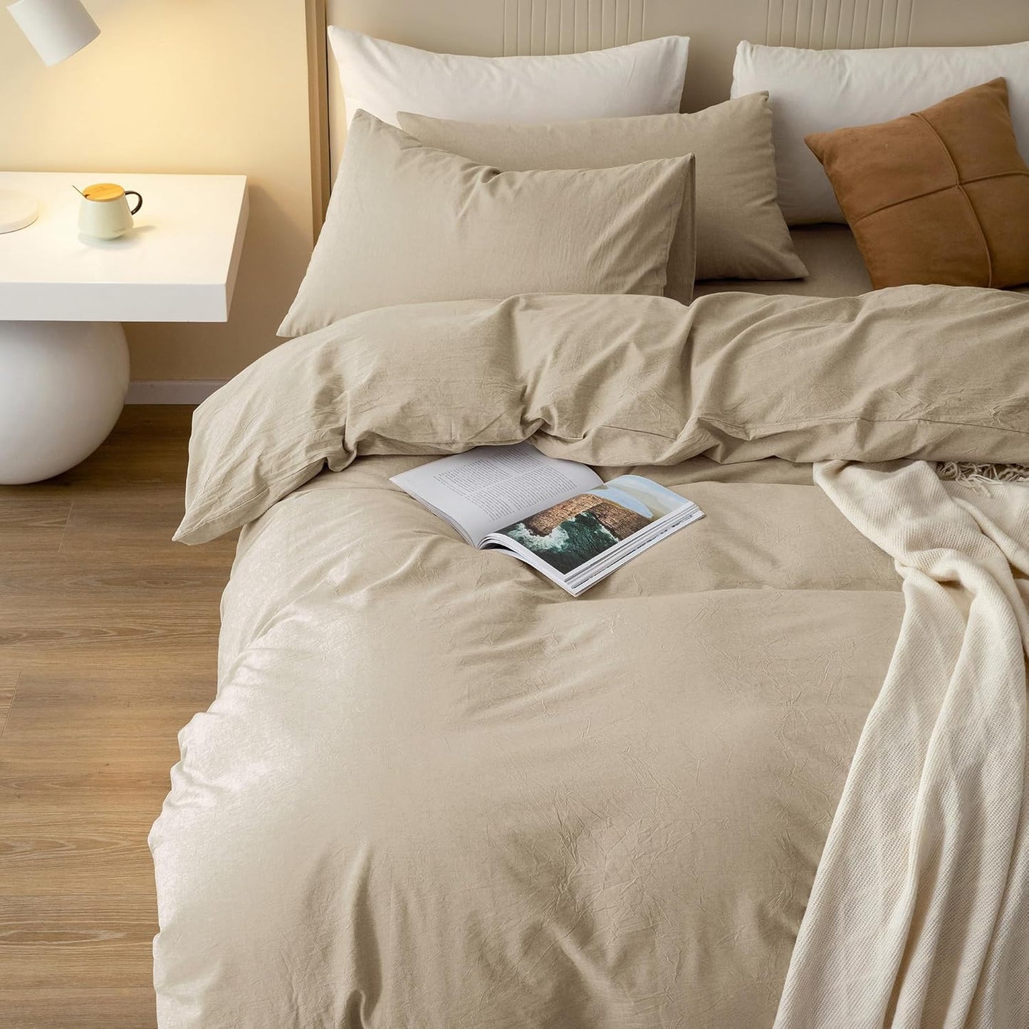 JIYUAN 100% Washed Cotton Duvet Cover Set 3 Pieces Oversized Queen, 1 Duvet Cover 98x98 Inches(Comforter Not Included) and 2 Pillowcases,Linen Feel Bedding Set Comfy and Breathable, Heathered Tan