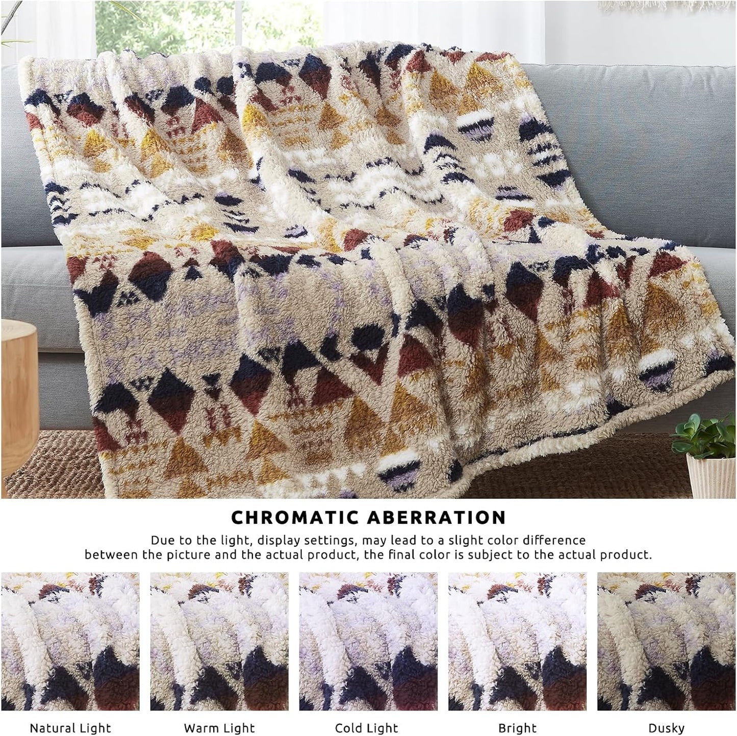 CASAAGUSTO Boho Sherpa Throw Blanket, Aztec, Ultra Soft, Warm, Cozy, Plush, Thick Fleece Bohemian Throw Blanket for Couch, Bed, Sofa (Khaki 50 * 60 Inch)