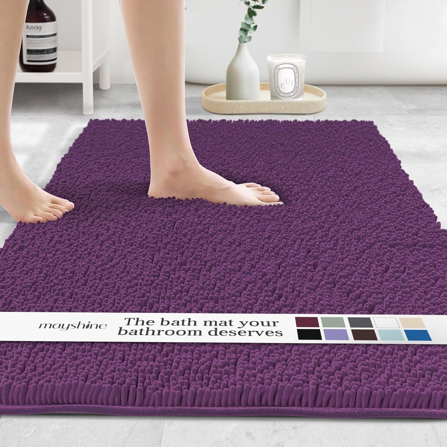 MAYSHINE Plush Shaggy Chenille Bath Mat | Extra Soft, Super Absorbent, Non-Slip Bathroom Rug | Fluffy Microfiber, Area Rug Sets for Bathroom Floor, Kitchen, Living Room | 59"x31" | Plum