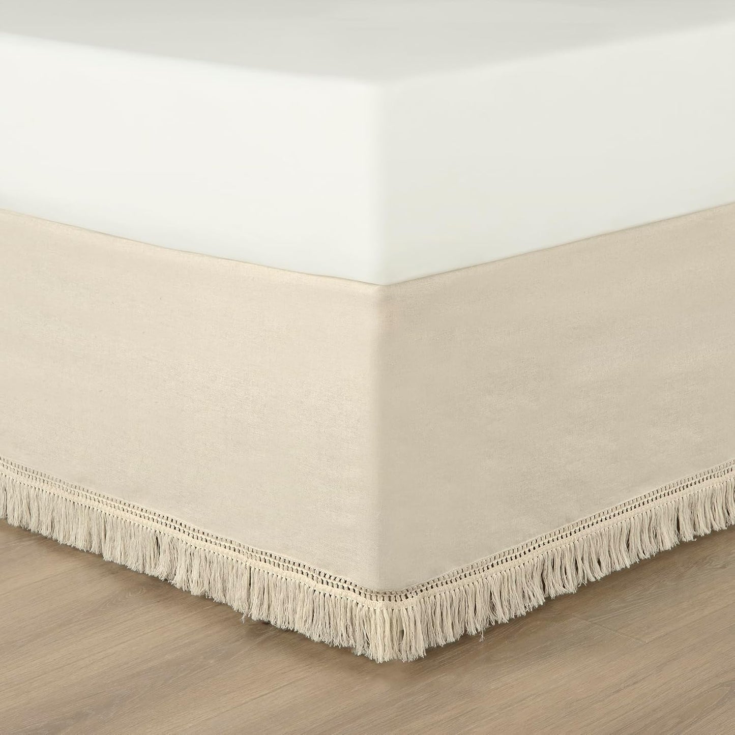Lush Decor Boho Fringe 15-Inch Tailored Drop Easy Fit Bedskirt, Queen, Neutral