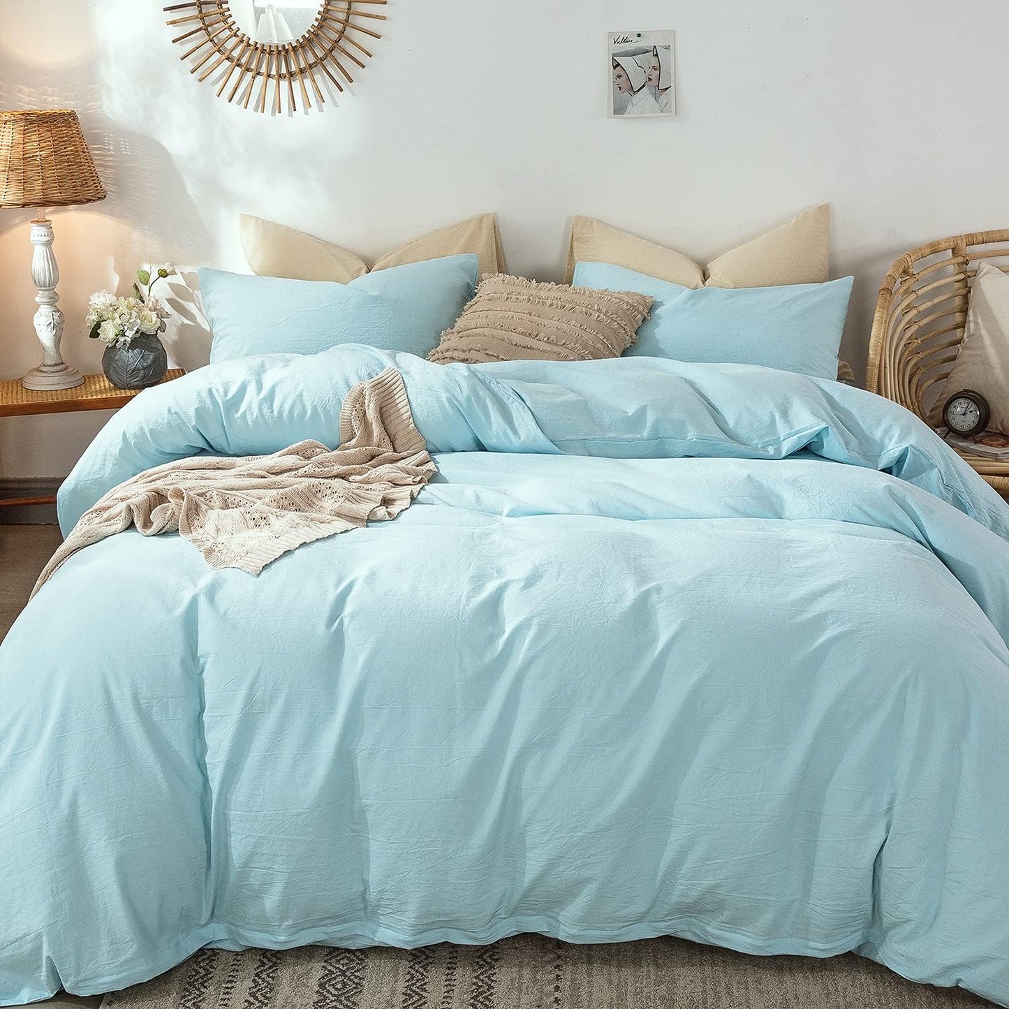 MooMee Bedding Duvet Cover Set 100% Washed Cotton Linen Like Textured Breathable Durable Soft Comfy (Heathered Light Blue, Full 80"x90")