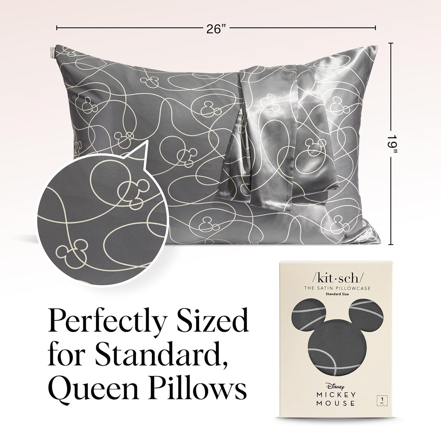 Kitsch Disney Mickey Mouse Satin Pillowcase with Zipper Softer Than Silk, Cooling Pillow Case for Hair & Skin, Wrinkle-Free, Machine Washable, Queen/Standard (19x26)