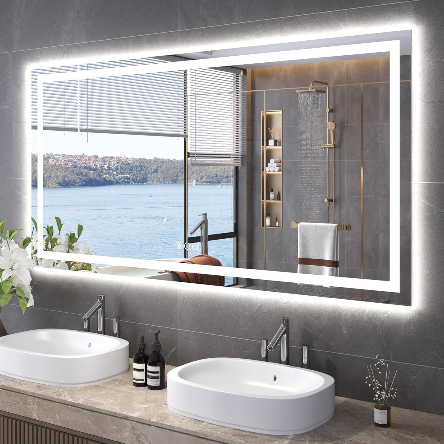 60"X30" LED Bathroom Mirror with Front Lights and Backlit, Anti-Fog, Dimmable, Shatter-Proof Tempered Glass, Lighted Bathroom Vanity Mirror for Wall with 3 Colors, Memory Function