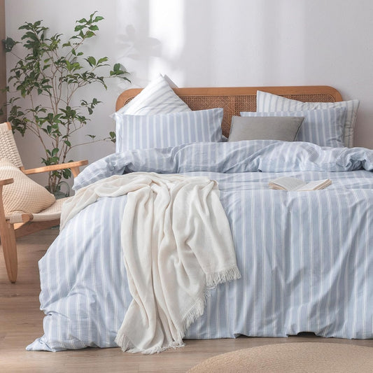 BESTOUCH Duvet Cover Set 100% Washed Cotton Linen Feel Super Soft Comfortable Chic Lightweight 3 PCs Home Bedding Set Cornflower Blue & White Stripes Queen