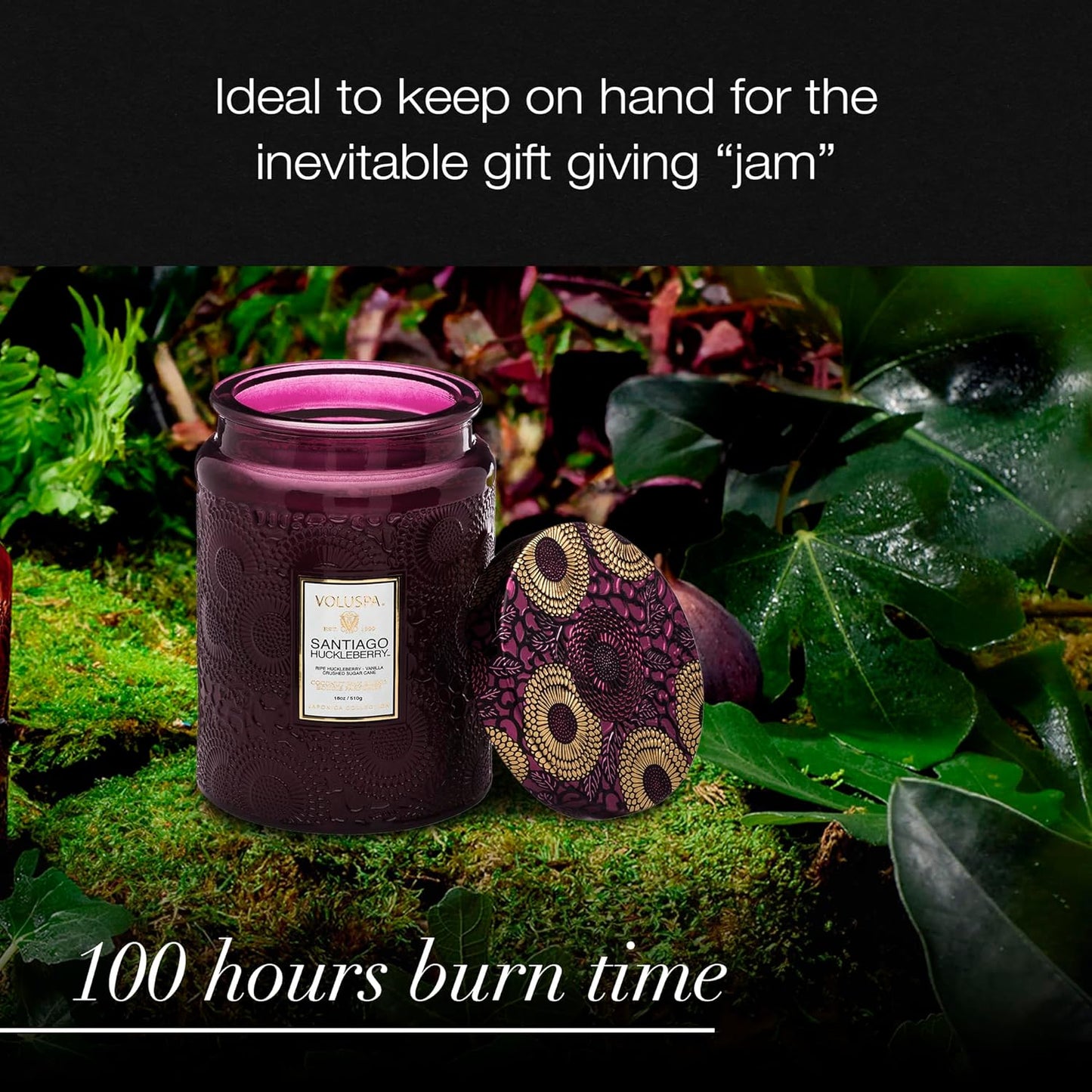 Voluspa Santiago Huckleberry, Large Candle Jar, 18 oz, 100 Hour Burn Time, Coconut Wax for Clean Burning, Handcrafted in the USA