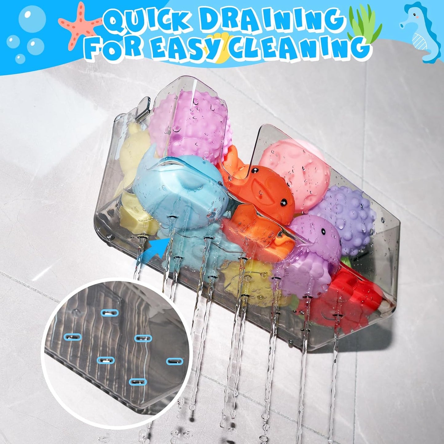 2-Pack Clear Bath Toy Storage Holder Organizer, Large Capacity Durable Plastic Bathtub Shower Caddy with Drain Holes, Quick-Dry Drainable Easy Install(Transparent Gray 2-Pack)