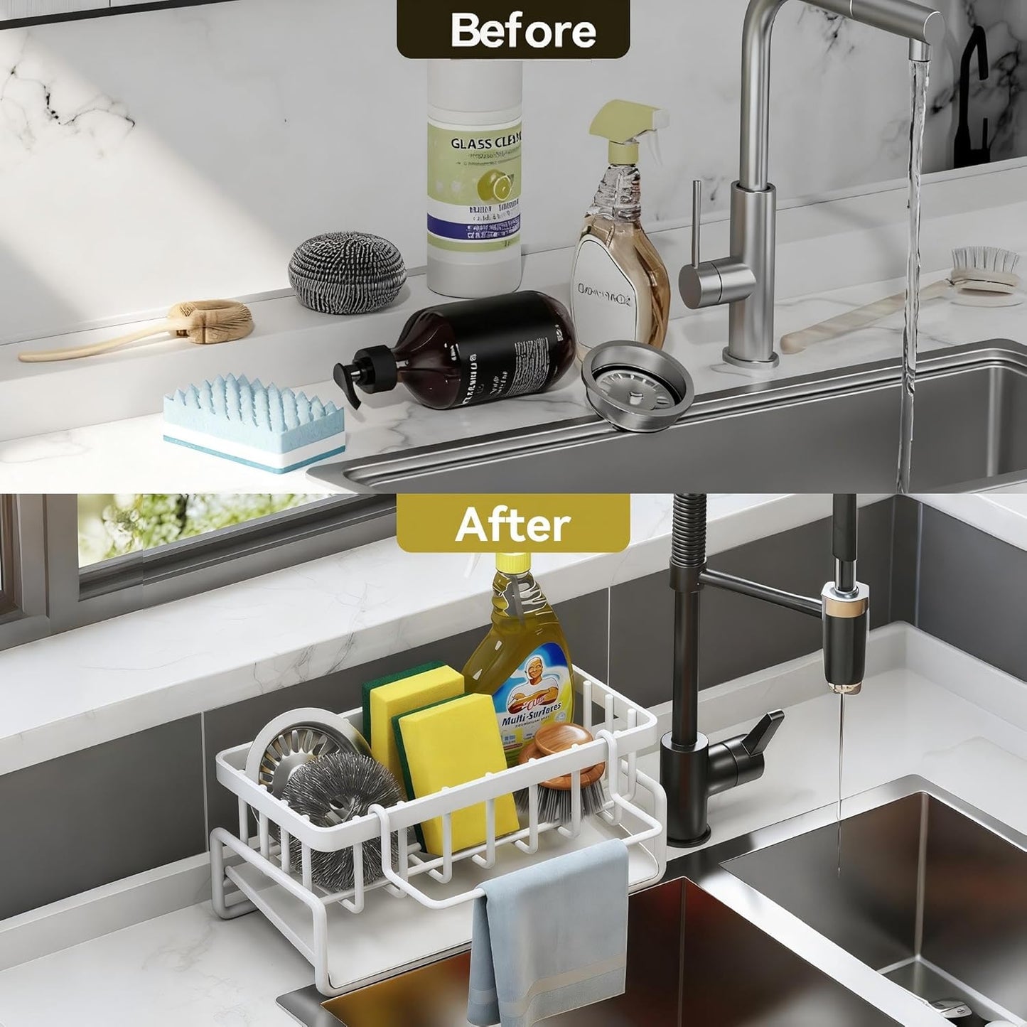 Sponge Holder for Kitchen, Sink Caddy Organizer Rack for Kitchen Accessories, Soap Dispenser Countertop Organizer Essentials for Home (White)