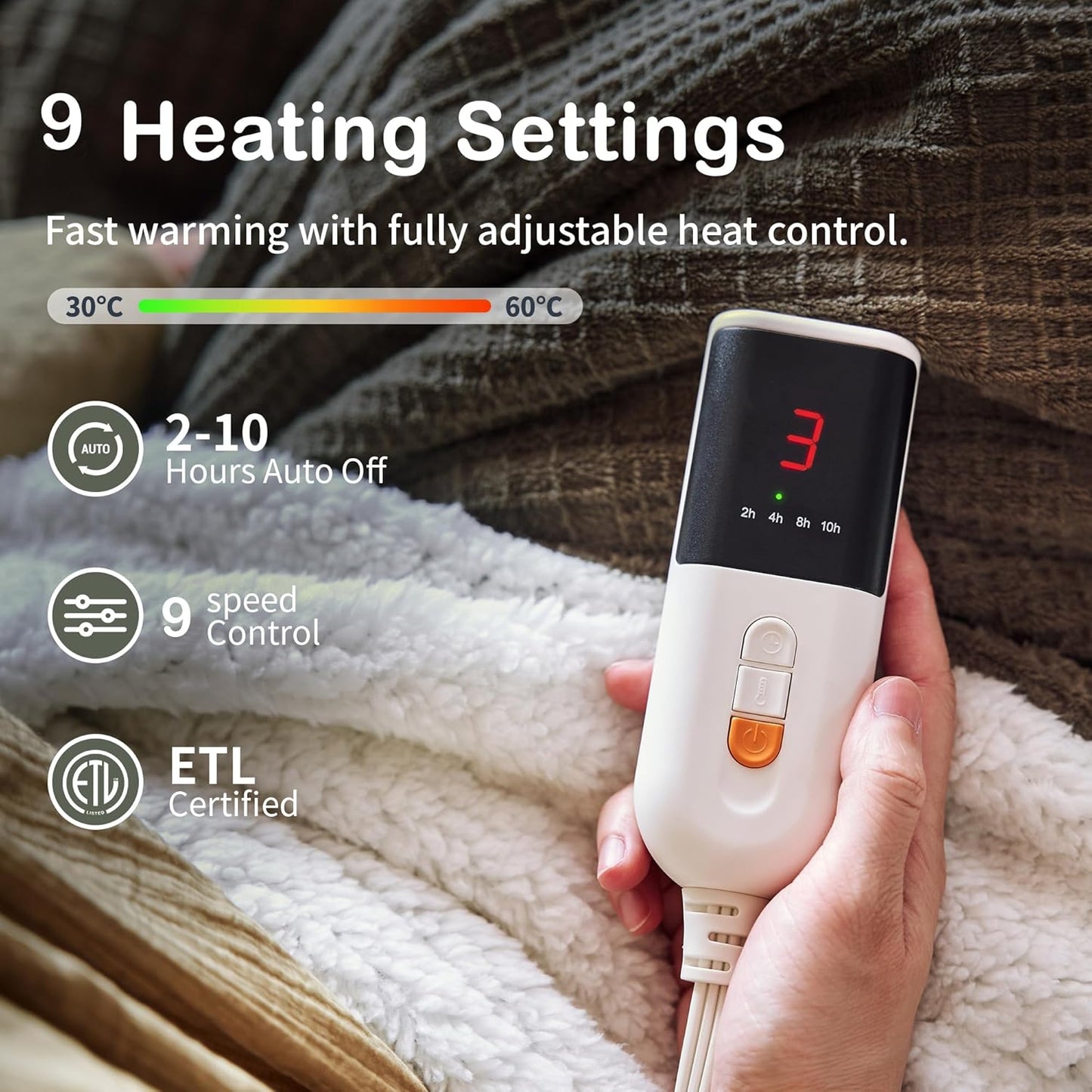 Heated Blanket Electric Blanket Throw 50''X60''-Heating Throw with 9 Heat Settings-2-10 Hours Auto Off,ETL Certified,Machine Washable (Gray Green)