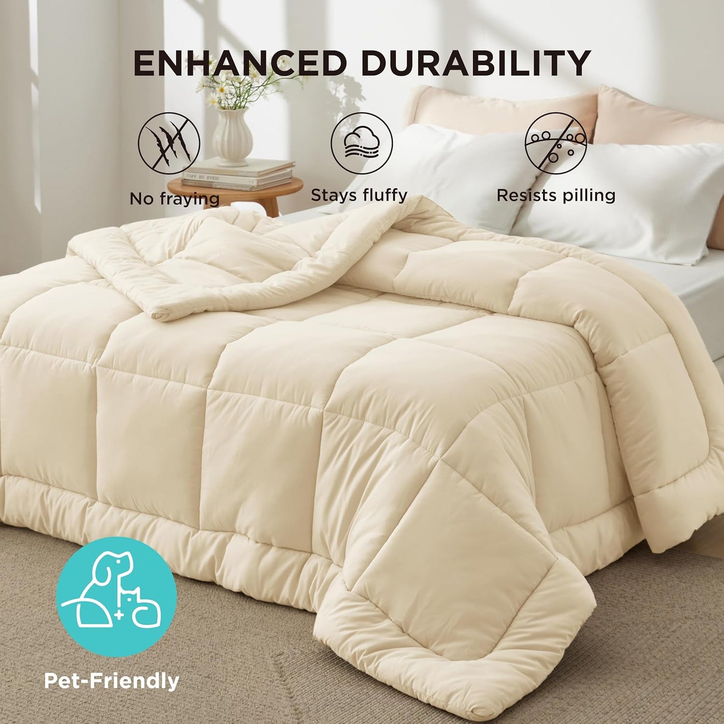 Bedsure Comforter Duvet Insert - Quilted Comforters Oversize Queen, All Season Duvet, GentleSoft Down Alternative Bedding, with 8 Tabs, Gifts for Women/Men, Cream,Oversize Queen 98 x 98 Inches