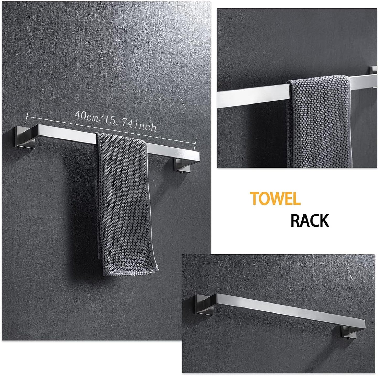 4-Piece Bathroom Hardware Set, Towel Rack Towel Bar Towel Holder Toilet Paper Holder Towel Hooks Modern Square Premium Stainless Steel Brushed Nickel Wall Mounted Bathroom Accessories Set (16inch)