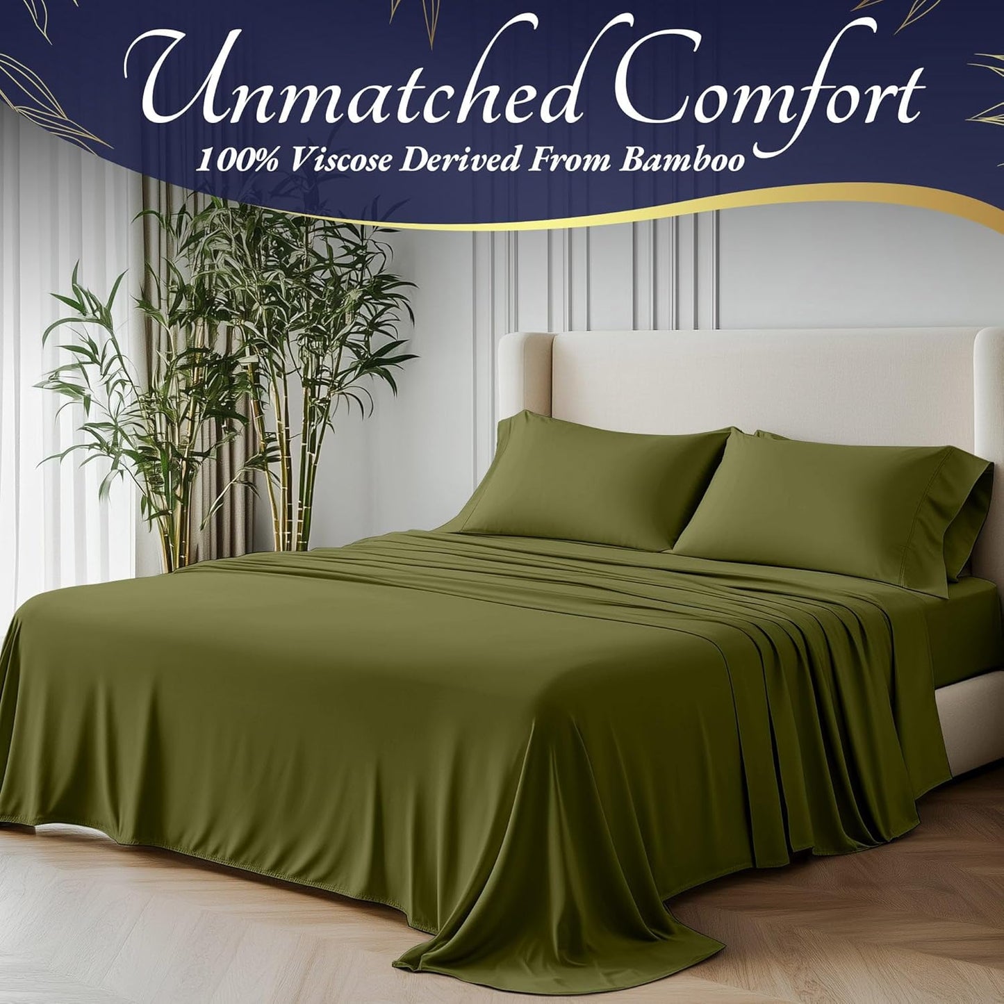 DECOLURE 100% Viscose Derived from Bamboo Sheets Cal King Size 4pcs - Ultra Soft & Luxuriously Cooling,17" Deep Pocket,Double Stitching,Perfect for Hot Sleepers - King Bed Sheets (Light Olive)