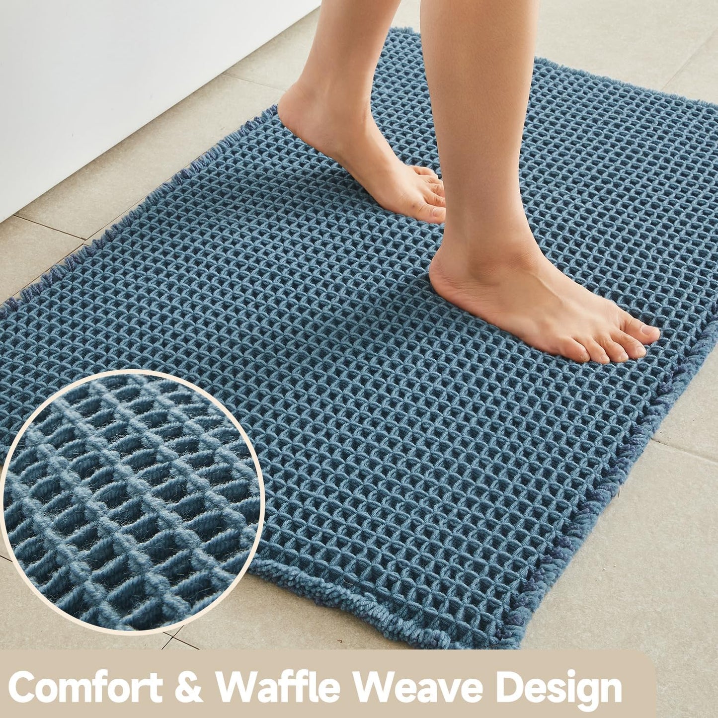 Waffle Runner Rug Bathroom, Long Boho Bathroom Rugs Non Slip Washable Super Absorbent Quick Dry Farmhouse Bath Decor, 72"x24" Denim Blue