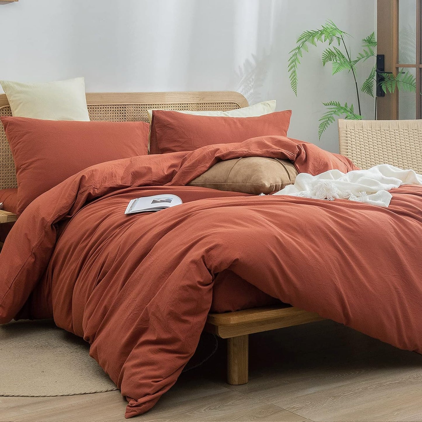 BESTOUCH Duvet Cover Set 100% Washed Cotton Linen Feel Super Soft Comfortable Chic Lightweight 2 PCs Home Bedding Set Solid Crimson Red Twin/Twin XL