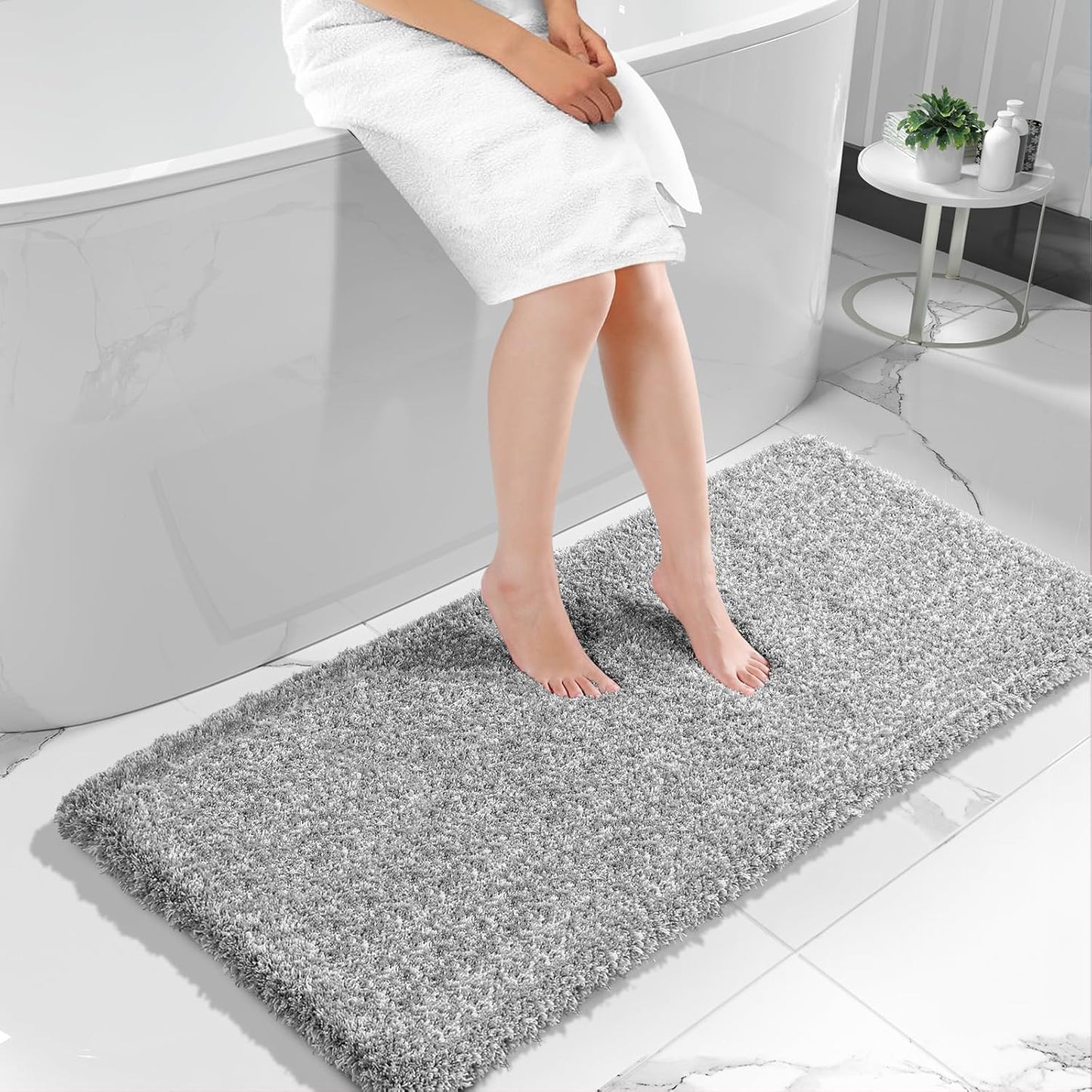 Yimobra Luxury Bathroom Rugs, Fluffy Bath Mats, Non Slip, Water Absorbent Microfiber, Machine Washable, Plush Runner Shower Rugs, Thick Matts for Bathroom Floor&Tub, 60"x 24", Light Gray and White