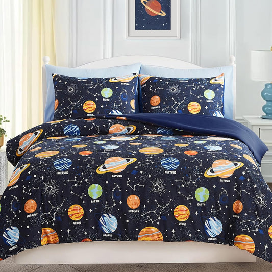 Full Size Comforter Set for Boys-7 Pieces Space Glow in The Dark Full Bedding Sets for Kids, Ultra Soft Bed in A Bag with Sheets