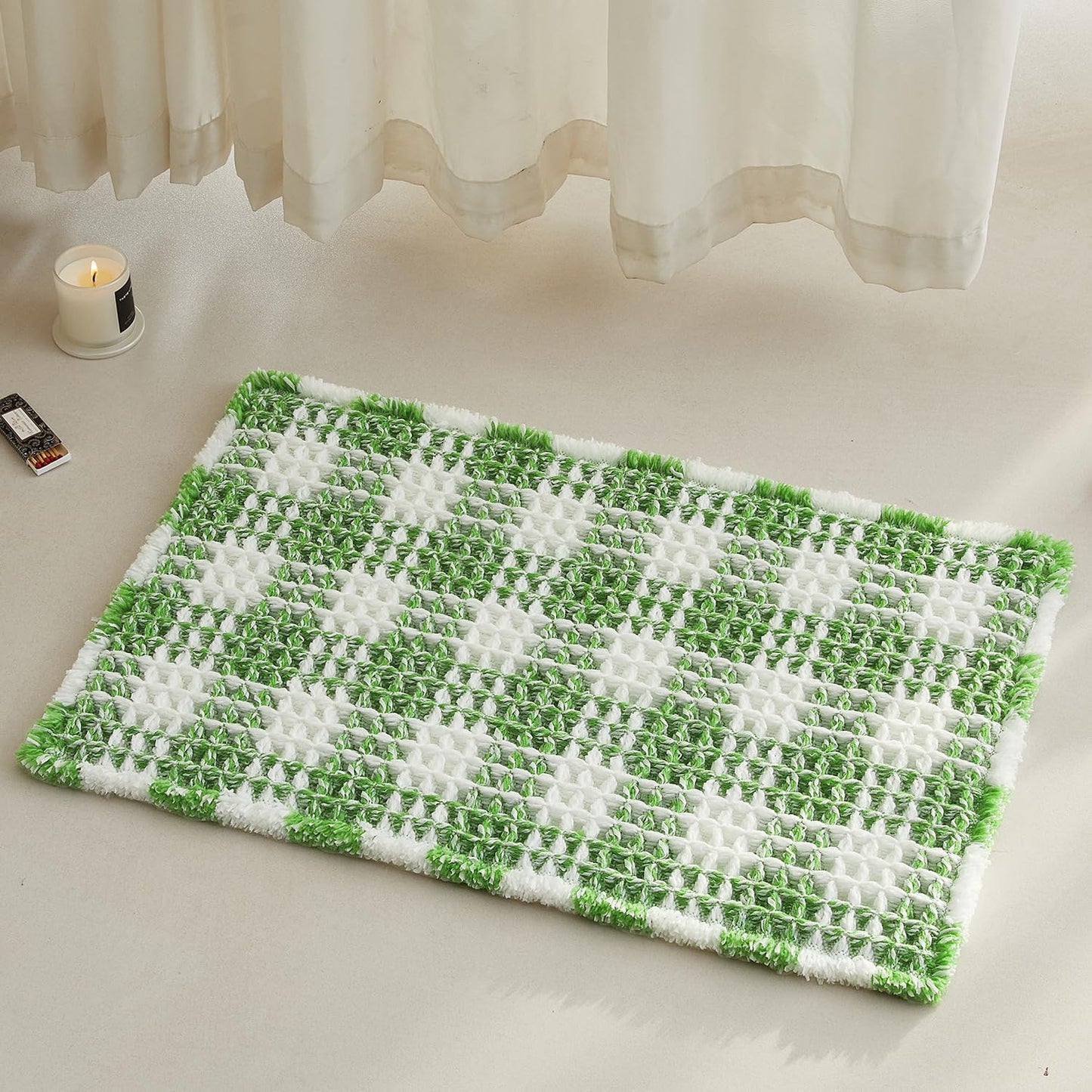 Waffle Bath Mat, Boho Bathroom Rugs Non Slip Washable Absorbent Checkered Bathroom Mat Quick Dry Cute Bath Mat, 24"x16" Green and White