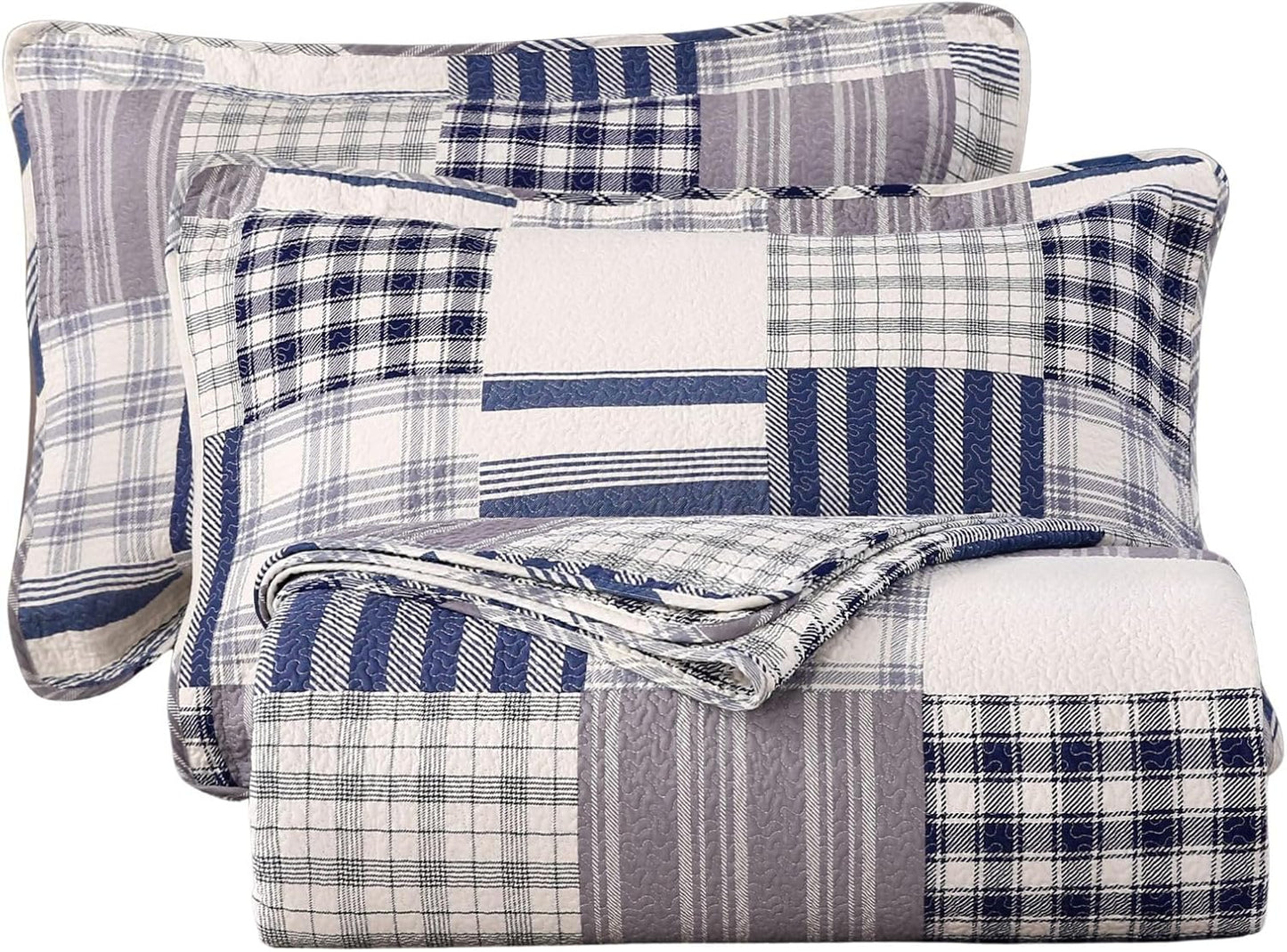 vctops Cotton Quilted Patchwork Quilt Set Queen Size Farmhouse Blue Plaid Bedspreads Coverlet 3 Pieces Summer Lightweight 1 Quilt and 2 Pillow Shams for All Season (Plaid B,Queen)