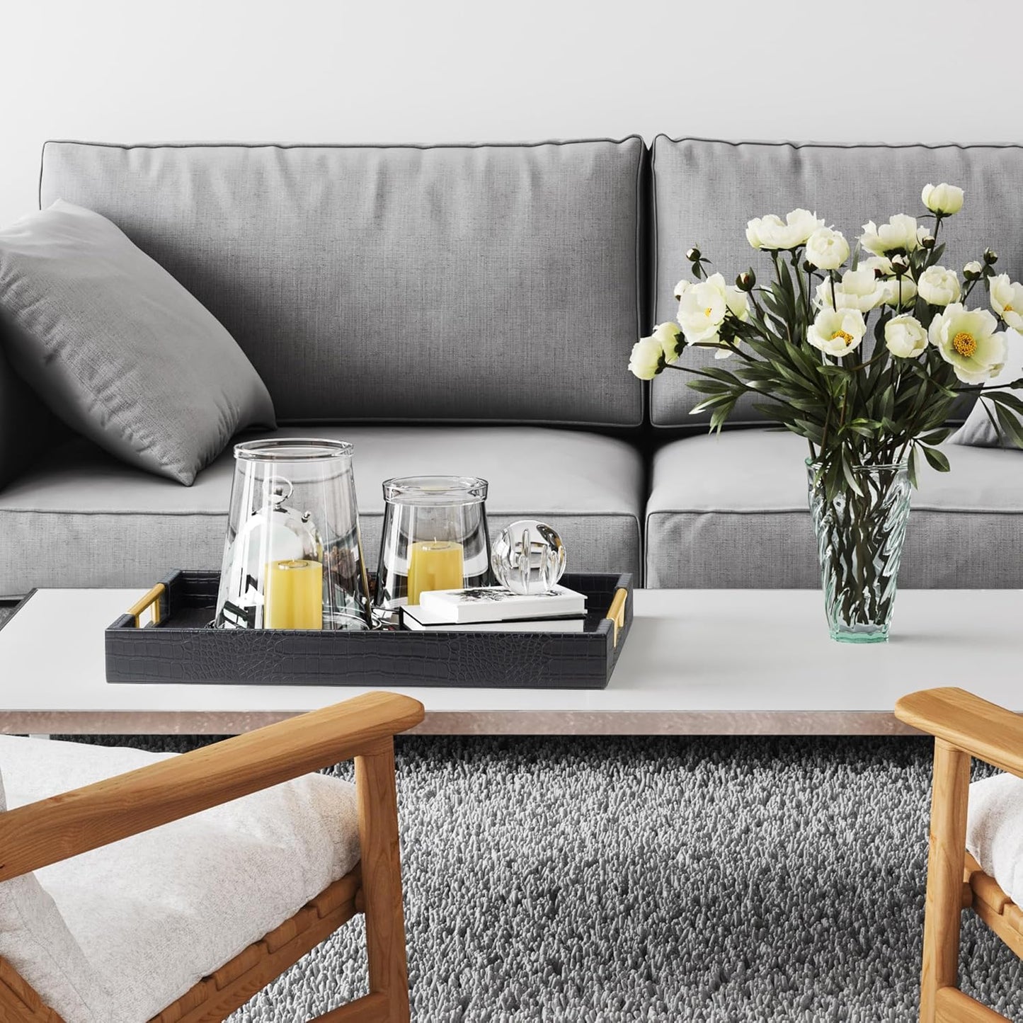 17" x 12" Wood Serving Tray with Gold Polished Metal Handles, Home Decorative Wooden Rectangle Ottoman Leather Decor Platter Bathroom Vanity Tray for All Occasions Alligator Black