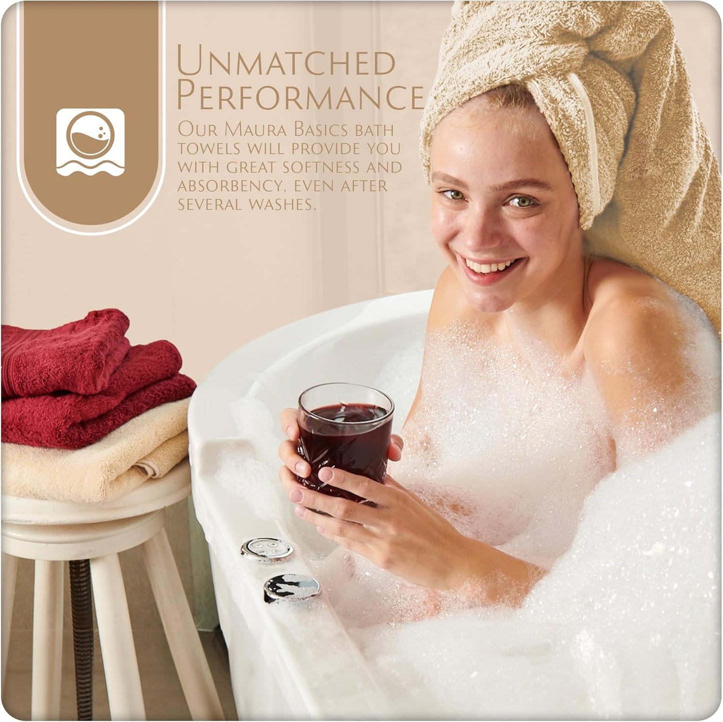 MAURA Basics Performance Bath Towels 100% Turkish Cotton with Hook Loops. Extra Large Luxury Absorbent Plush Towel Sets for Bathroom, Daily Use American Standard Size 27”x54”, Cream