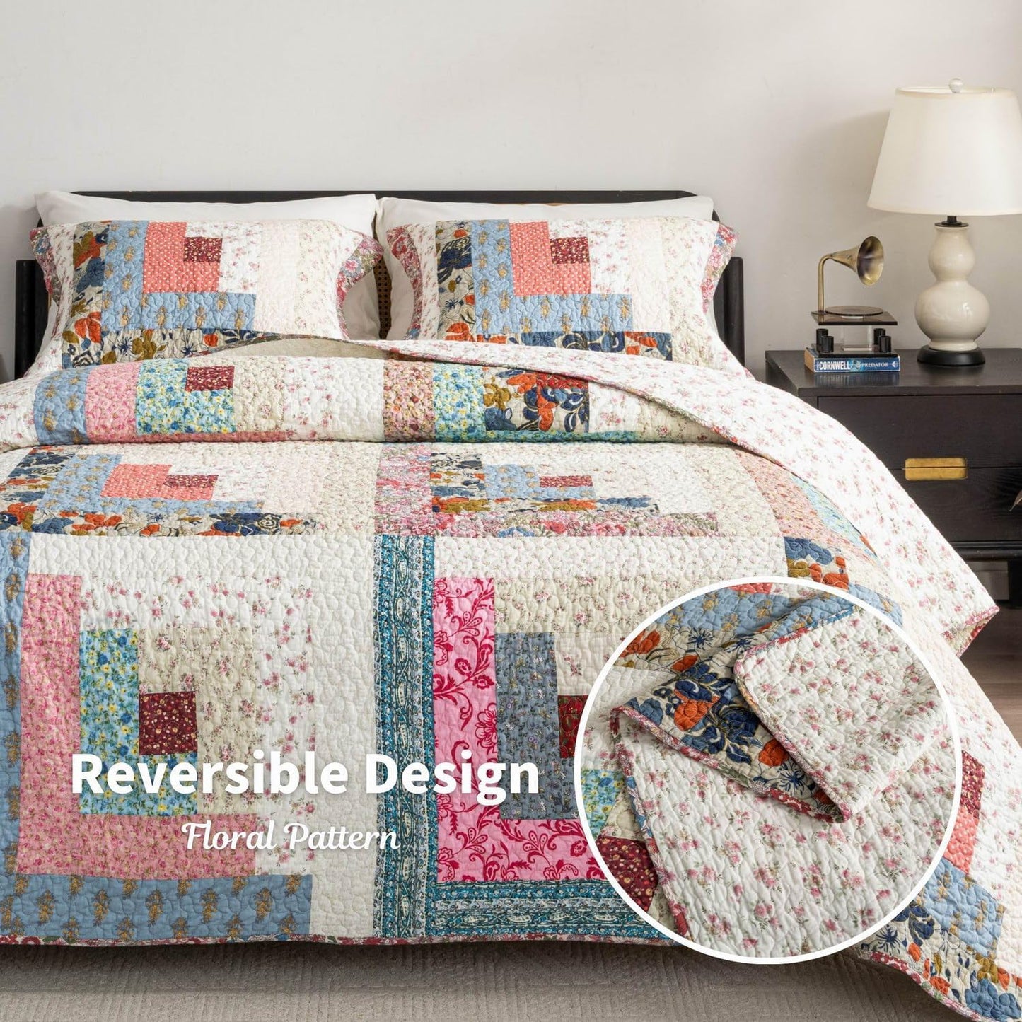 meadow park Cotton Real Patchwork Quilt Set 3-Piece. 100% Washed Cotton. 208 Hand Cut Patches. Allover Quilting. Reversible Coverlet Set. (Queen)