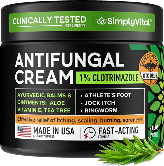 Antifungal Cream for Athlete's Foot, Ringworm & Jock Itch - Clotrimazole 1% Made in USA - Extra Strength Ring Worm, Jock Itch Cream, Anti Fungal Athletes Foot Treatment for Humans Skin Fungus - 2 oz
