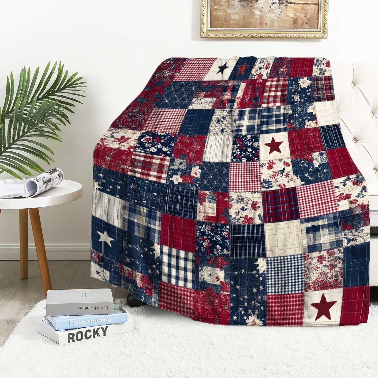 Printed Patchwork Country Blanket Throw for Women and Men, Farmhouse Vintage Blanket Gift, Lightweight Fleece Americana Rustic Home Decor, 40"×50"