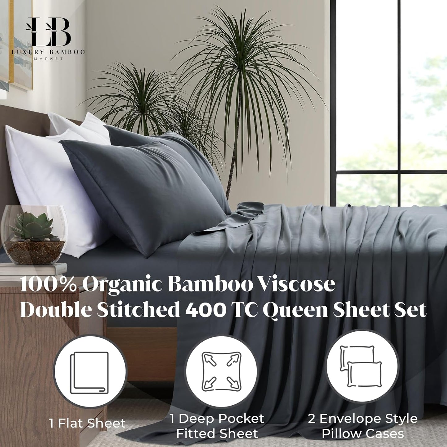 Luxury Bamboo Market | Queen Size Bed Sheet Set | 100% Viscose Made from Bamboo | Organically Grown | Ultra Soft | Cooling Sheets for Hot Sleepers | 17" Deep Pocket [Charcoal Grey]