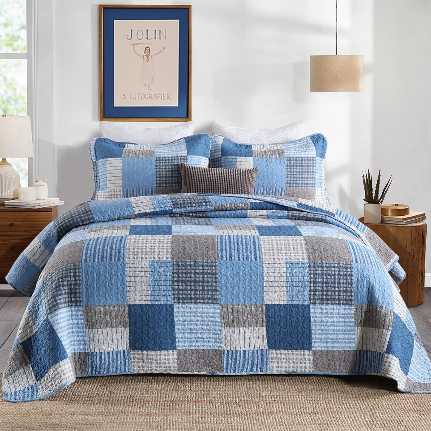 KALOOLA Plaid Quilts Queen Size, 100% Cotton Soft Bedding Set with 2 Pillow Shams, Farmhouse Lightweight Blue Grey Queen Bedspread Coverlet Set for All Season, 3 Pieces