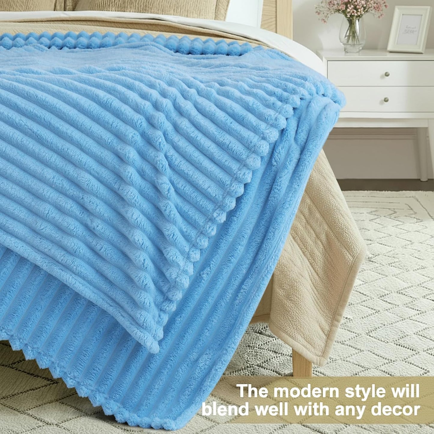 decorUhome Christmas Soft Fleece Blue Throw Blanket for Couch, Cozy Fluffy Plush Flannel Striped Blanket for Sofa Bed, Lightweight Decorative Ribbed Fuzzy Blanket for Woman, 50x60 Inches