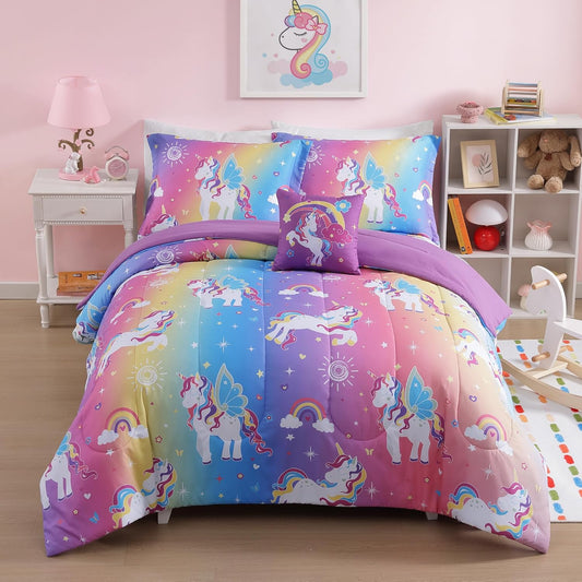 Full Size Comforter Set for Girls-4 Pieces Rainbow Unicorn Full Bedding Sets for Kids, 1 Comforter, 2 Shams and 1 Decor Pillow