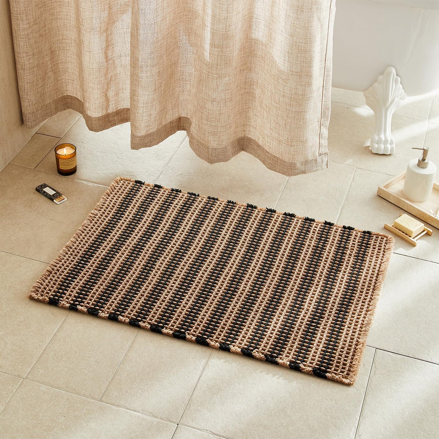 Waffle Bath Mat, Boho Bathroom Rugs Non Slip Washable Super Absorbent Quick Dry Bath Mat Farmhouse Bathroom Decor, 36"x24" Black and Khaki