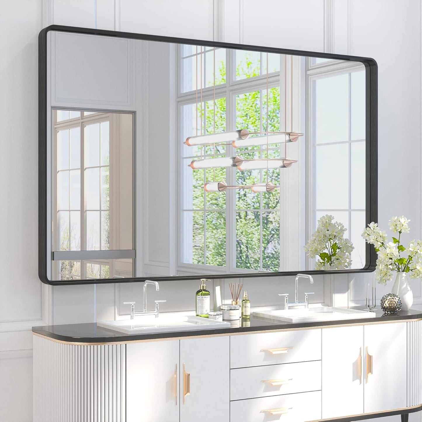 TETOTE 60 x 36 Inch Bathroom Mirror, Matte Black Metal Frame Modern Farmhouse Decorative Rectangle Wall Mirror for Double Vanity (Horizontal/Vertical)
