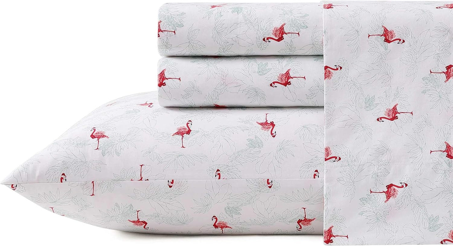 Tommy Bahama - Queen Size Sheet Set, Crisp & Cool Cotton Percale Bedding with a Smooth Lightweight Feel, 4 Piece Holiday Bed Sheets with Matching Pillowcases (Flamingo Santa Red)