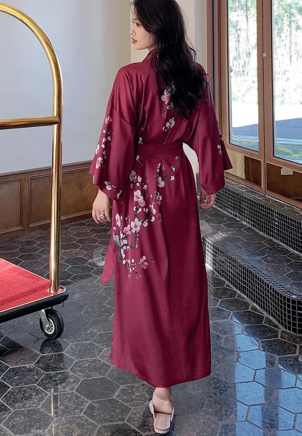 Silk Satin Robe for Women Long Japanese Kimono Robe Lightweight Soft Bathrobe Floral Luxury Dressing Gown