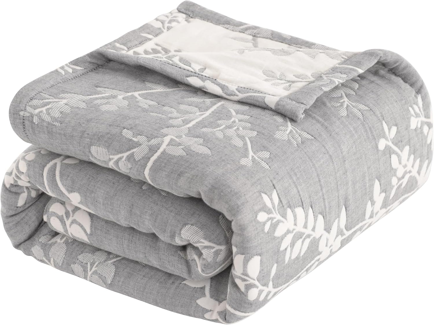 NTBAY 3 Layers Cotton Muslin 88x92 Queen Bed Blanket, Super Soft Breathable Thermal Yarn Dyed Quilt for Adults, Perfect Lightweight Blanket for Couch Sofa Bed All Seasons, Grey Tree