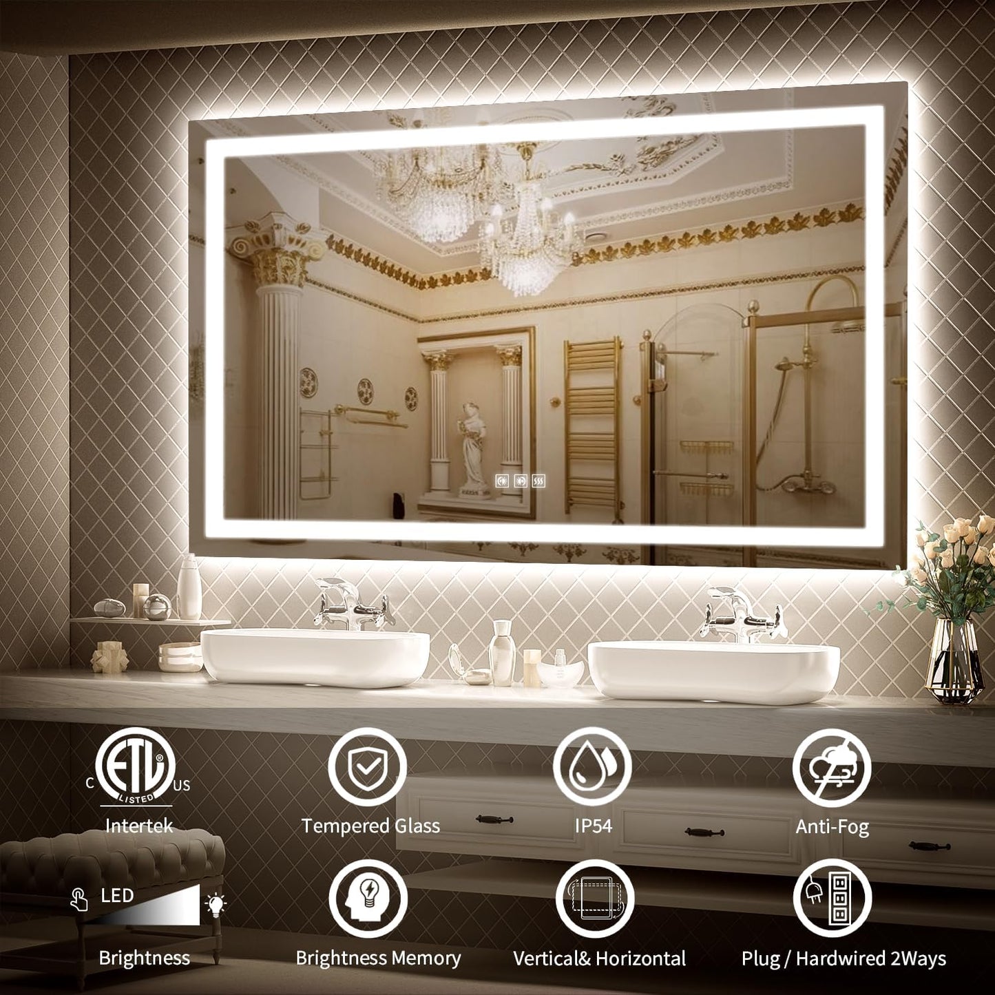 LED Mirror for Bathroom, 60x36 Inch Backlit + Front Lighted Bathroom Vanity Mirror with Lights for Wall, Double Light Strips, 3 Colors, Shatter-Proof, Anti-Fog and Brightness Memory