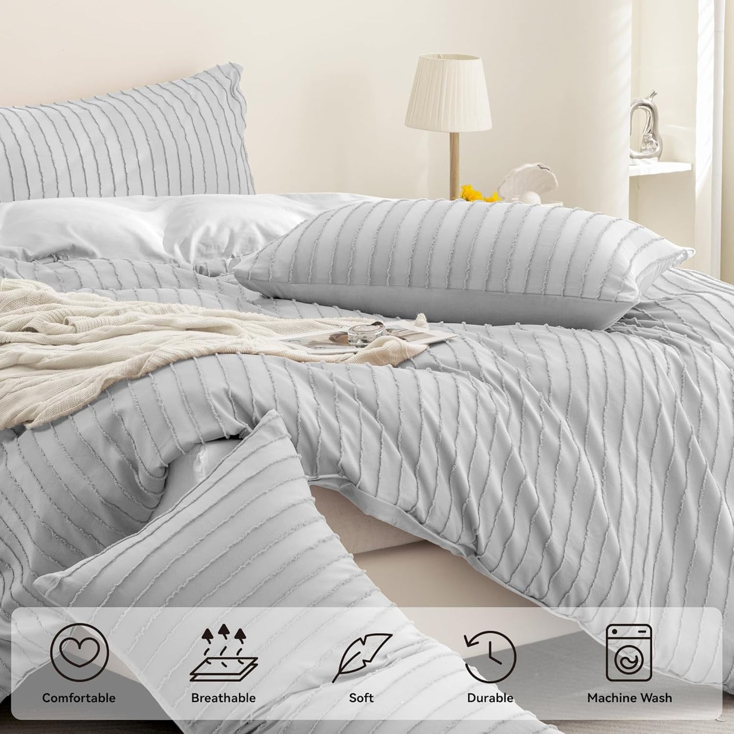 JELLYMONI Duvet Cover King Size Light Grey - 3PCS Boho Striped Duvet Cover Set Polyester Tufted Bohemian Textured Comforter Cover 104×90in with Corner Ties & Zipper and 2 Pillowcases