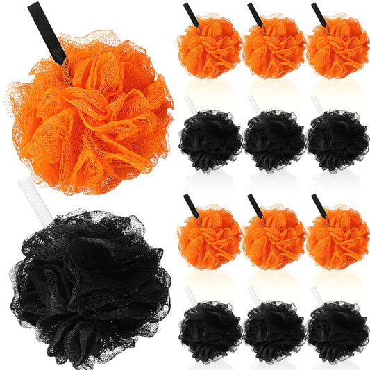 12 Pcs Thanksgiving Bath Loofah Sponge Orange Harvest Loofah Exfoliating Body Scrubber Shower Sponge 50g Mesh Shower Pouf Balls Gift Set for Women Men Bathing Accessories(Black,Orange)
