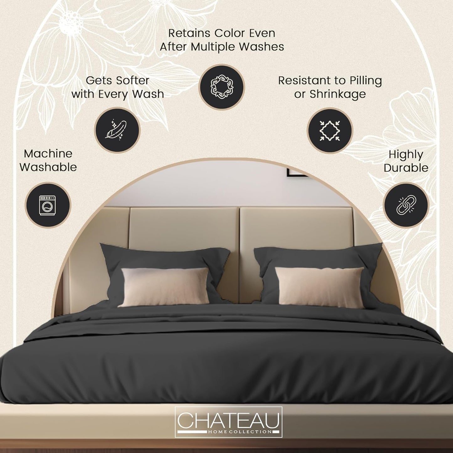 100% Cotton Sheets King Size Sheets Set with Fitted Sheet & Pillowcase Sets, Sateen Weave 4 piece Deep Pocket King Sheet Set, Soft & Comfy Naturally Cool Luxury Bedding- Charcoal